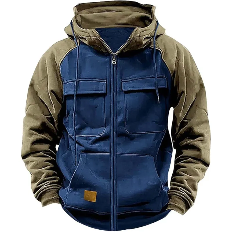 Men's Hooded Sweatshirt Zipper Patchwork Fleece Jacket Warm Sporty Autumn Winter with Multiple Pockets Fashionable Hood — image 3