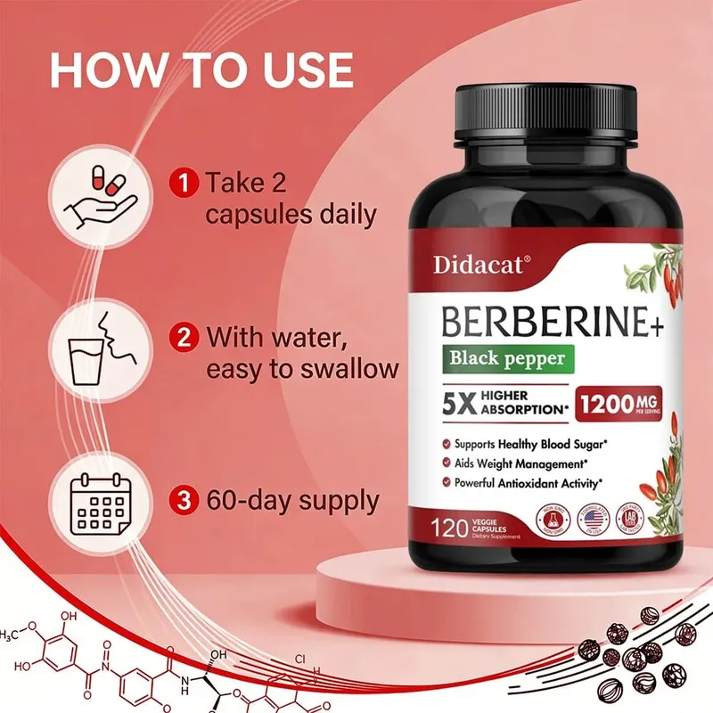 Cápsulas de suplemento de berberina premium de 1200 mg que respaldan el sistema inmunológico, el bienestar cardiovascular y gastrointestinal