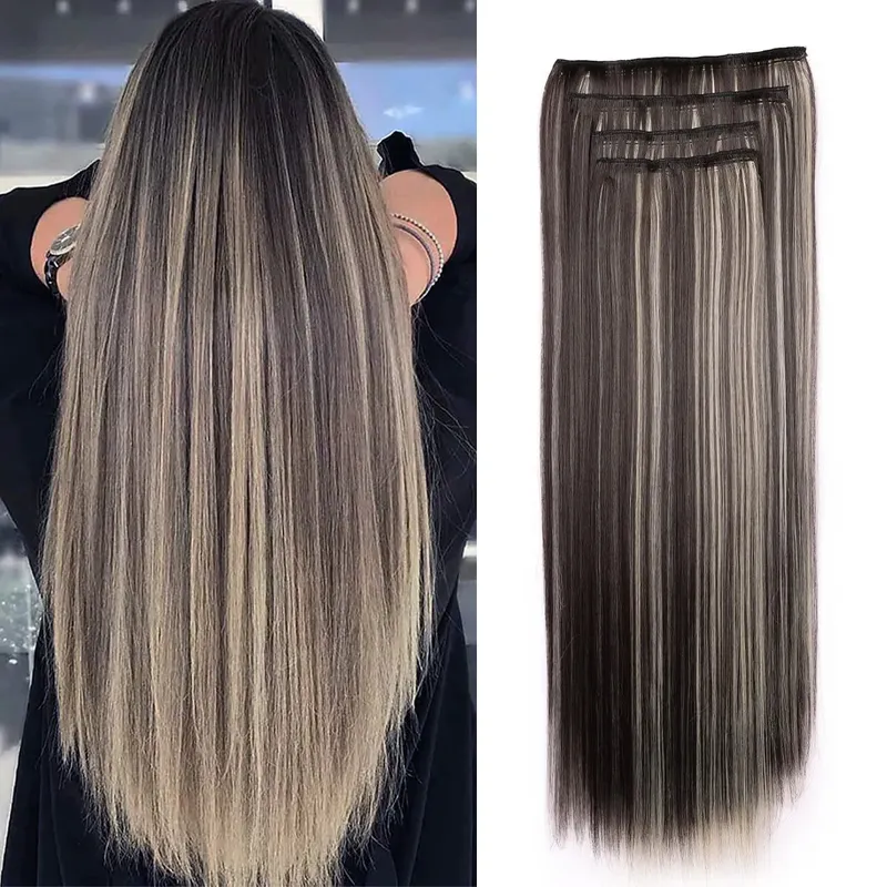 Clip in Synthetic Hair Extensions Long Wavy 4PCS Thick Hairpieces Dark Brown Fiber Double Weft Natural Hair Extensions For Women — image 9