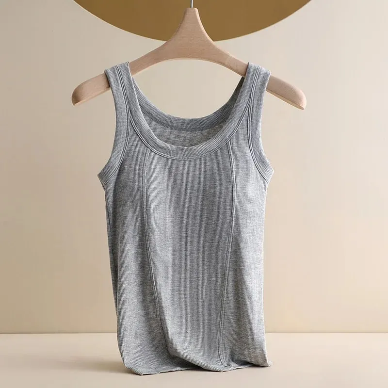 M-4XL For 45-105kg Threaded Cotton Plus Size Camisole Top with Built-in Bra For Women Modal Seamless Underwear Tank Tops