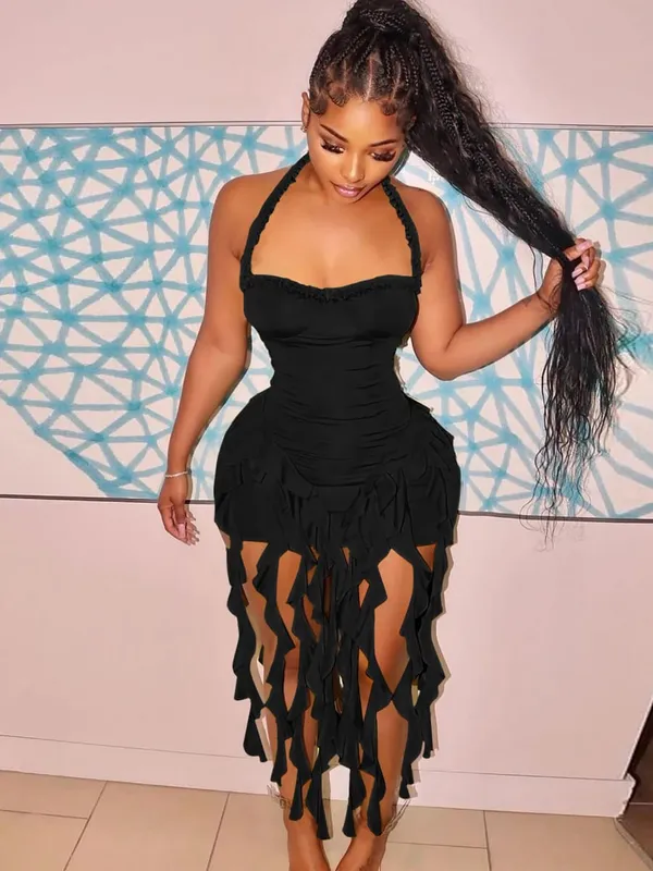 Hugcitar Elegant Halter Solid Ruffles Backless Taseel Sexy Slim Mini Dress Spring Women Cute Outfits Birthday Party Vacation