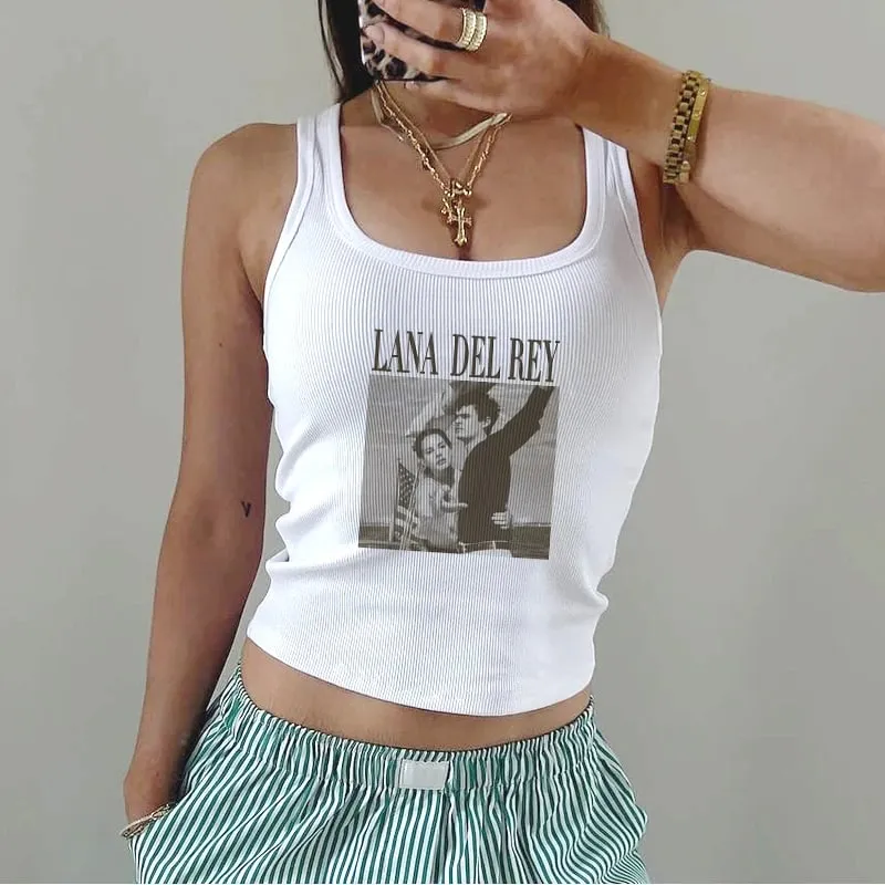 White Basic Knitted Tank Women Summer Vintage Sleeveless Camis Lana Del Rey Ldr Sailing Graphic Print Crop Tops Streetwear Tees — image 1