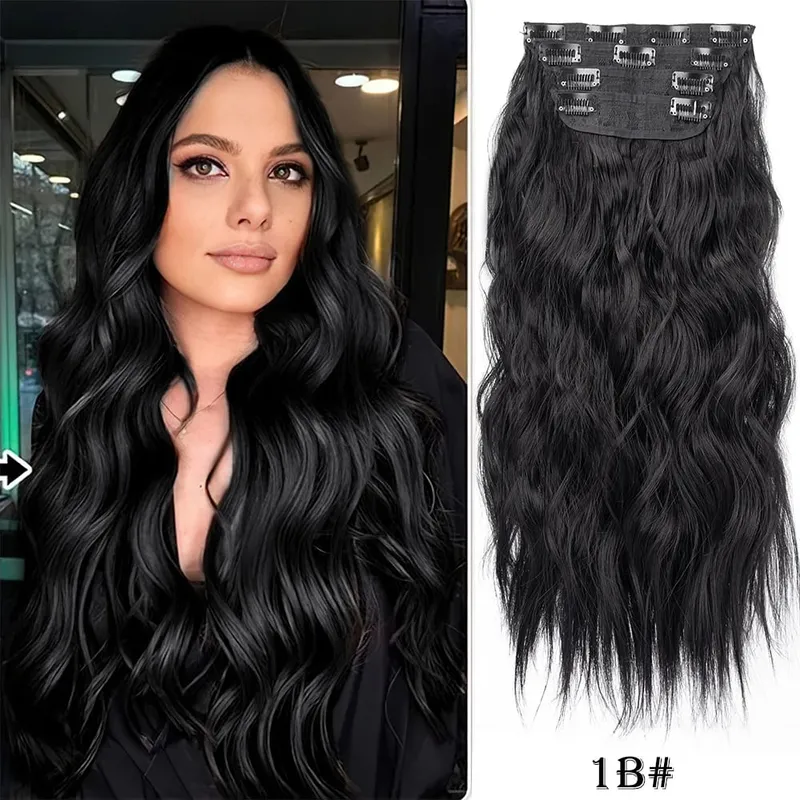 Leeons Wavy Clip In Hair Extensions 4 PCS Natural Soft Long Wavy Hairpieces Thick Double Weft Clip In Hair Extensions For Woman