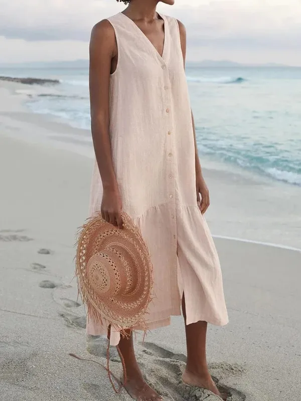 Musim Panas Longgar Kasual Patchwork Cotton Linen Pocktes Gaun V Leher Gaya Pantai Gaun Tanpa Lengan Vintage Club Midi Solid Wanita Pakaian — image 5
