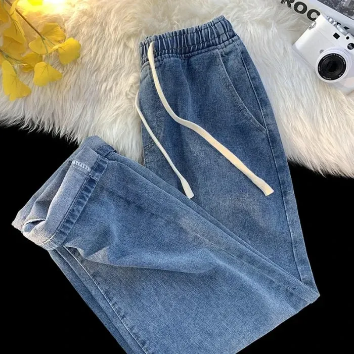 Casual Jeans Men's Baggy Straight Elastic Waist Drawstring Korea Fashion Male Vintage Denim Trousers Streetwear 3XL — image 12