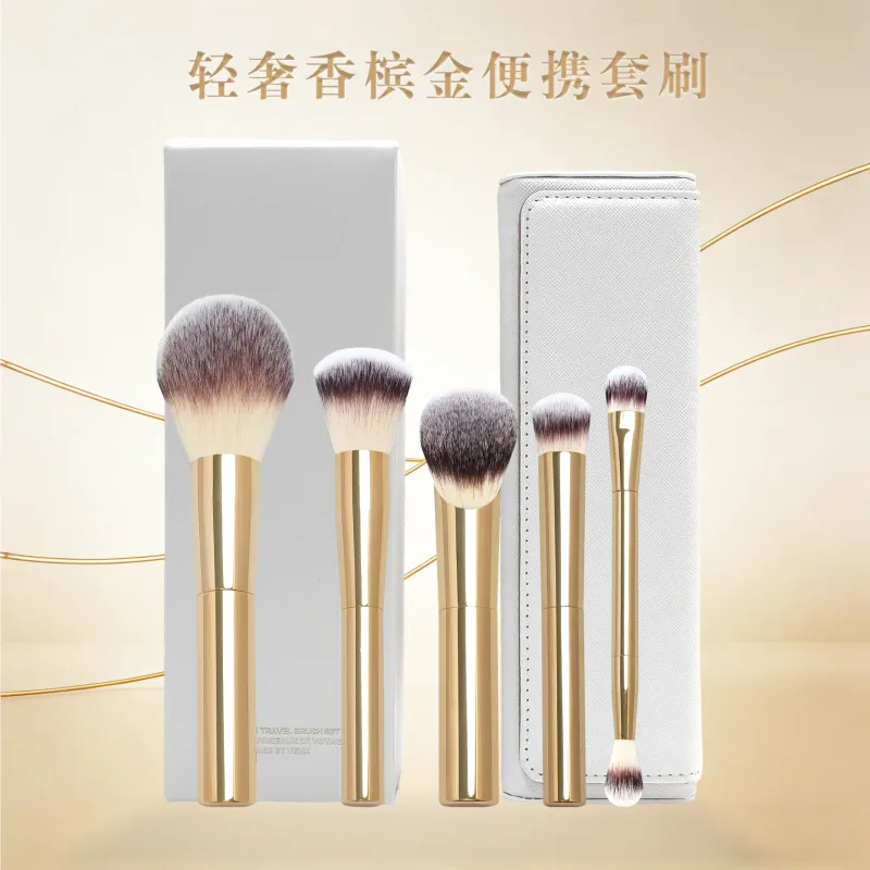 5 pezzi / set pennelli per trucco a clessidra fondotinta in polvere, fard, correttore, ombretto, piega, pennello per trucco con borsa in pelle bianca — image 4