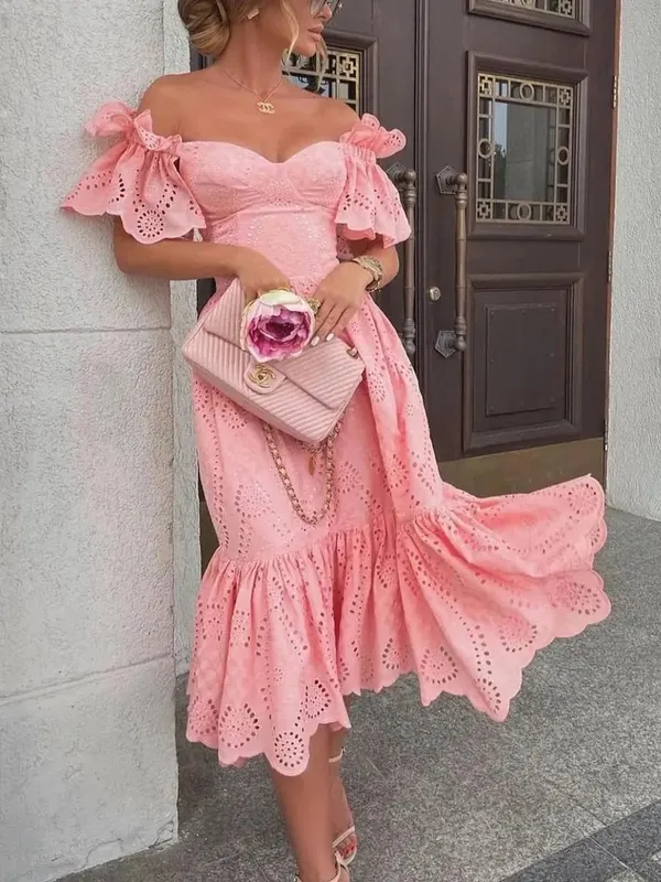 Dress Women Off Shoulder Mid Length Dresses Solid Dot Sexy Splice Tight High Waist V Neck A Line Elegant Slim Fit Vestidos — image 5