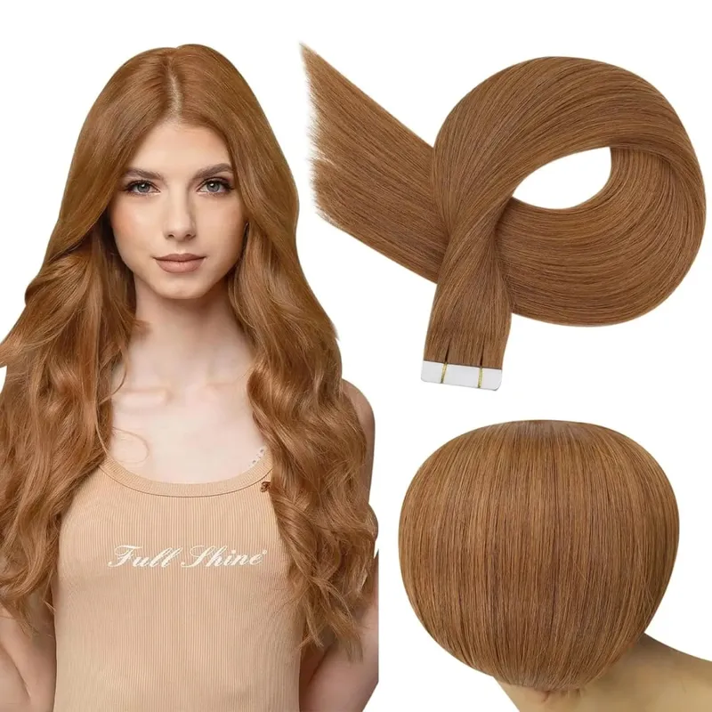 Full Shine Tape in Human Hair Extensions Invisible Straight Double Sided #330Copper Comfortable Silky Natural Tape ins For Women — image 1