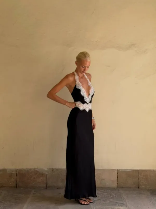 Sort Lace Patchwork Halter Neck Maxikjoler V-hals Ærmeløs Rygløs Højtalje Lang Kjole 2026 Elegant Party Club Outfits