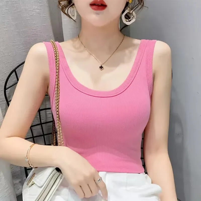 2023 Summer Women Basic Ribbed Knitted Tank Top Solid Color Sleeveless T-shirts Casual Camis Green Blue Elastic Female Tops — image 19