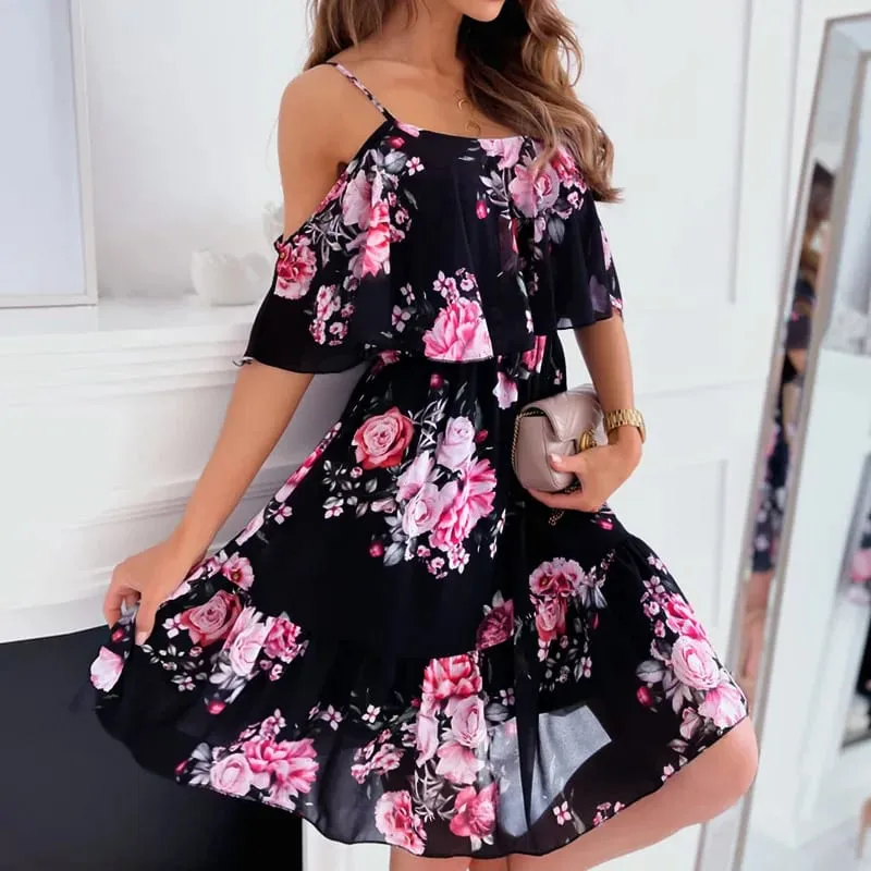 Women's Summer V-Neck Sleeveless Sling Camisole Commuting Printed Chiffon Bohemian Floral Dress For Women