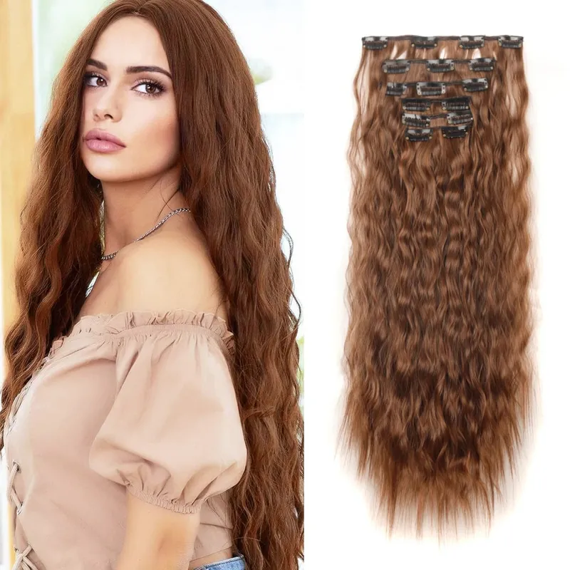 6PCS Clip In Hair Extensions Water Wave 20inch Long Synthetic Clip On Hairpiece Corn Wavy Style For Women Girls Daily Party