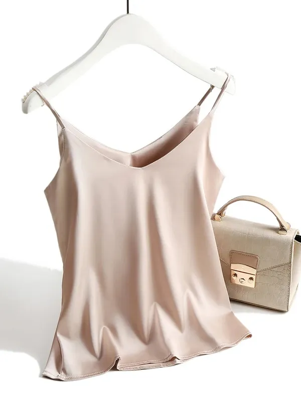 Spaghetti Strap Top Women Halter V Neck Basic White Cami Sleeveless Satin Silk Tank Tops Women'S Summer 2026 Camisole — image 4