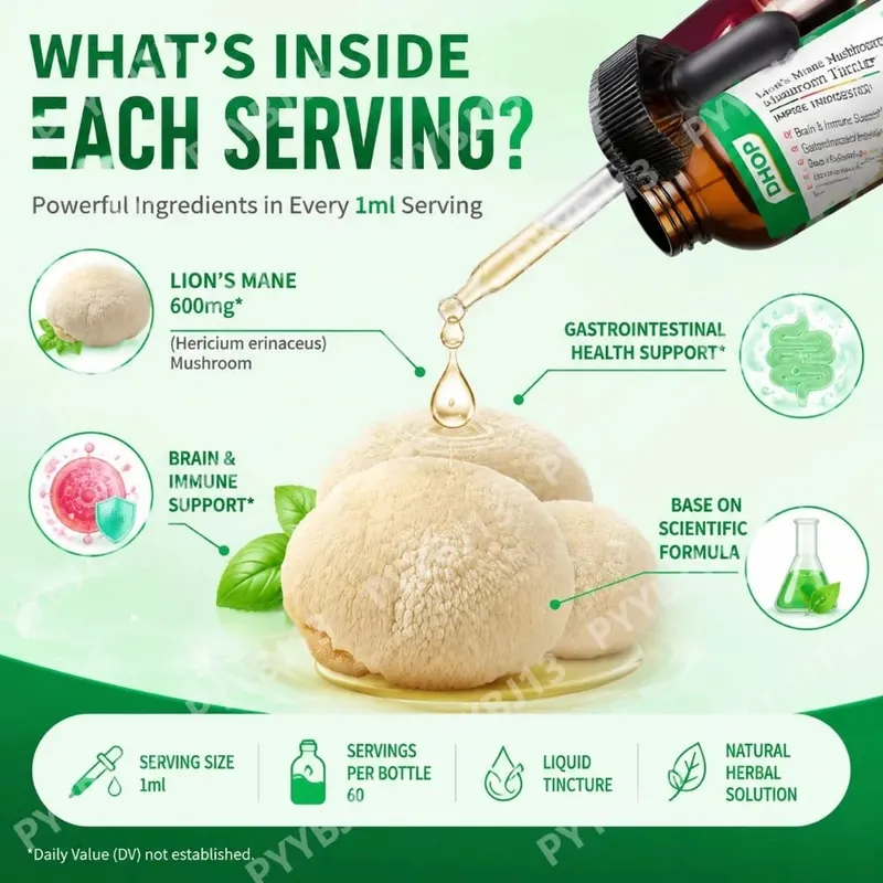 Lion's Mane Mushroom Extract Drops 60ml Hericium Erinaceus Supports Brain Immune Health Vegan Liquid Supplement for Adults