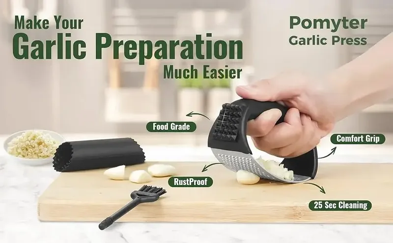 Stainless Steel Garlic Press Rocker Garlic Mincer Garlic Crusher Easy-Squeeze Tool with Peeler and Cleaning Brush for Smashing — image 7