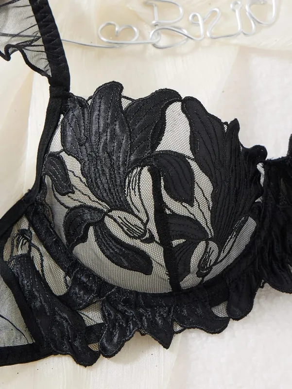 A4 Sort 3D Blomsterbroderi Lingeri Sæt Kvinder Flæse Bøjle BH & Thong Sæt Sheer Mesh Sexet Romantisk Intim Undertøj — image 5