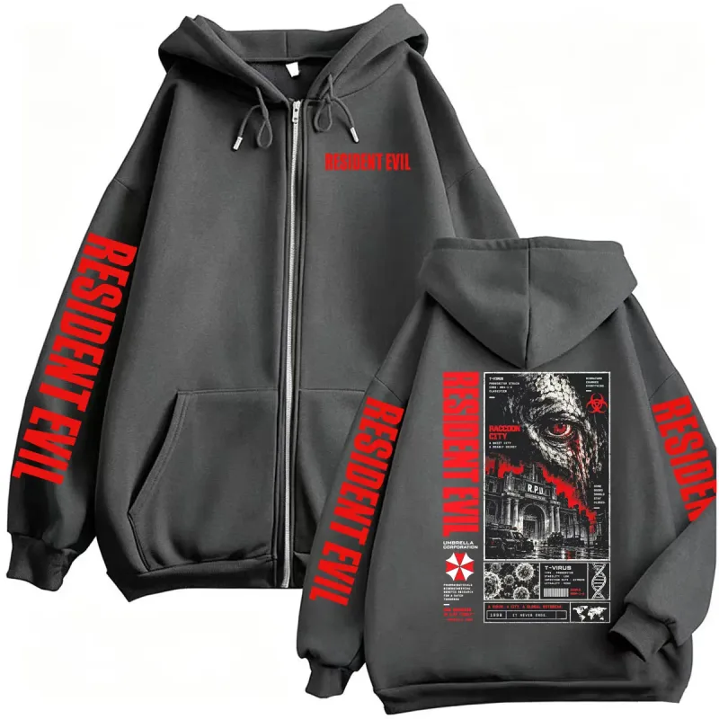 Vintaj Resident Evil T-Virus Permainan Seram Zip Up Hoodies Lelaki Wanita Harajuku Gothic Fesyen Jaket Sweatshirts Kot Streetwear — image 5