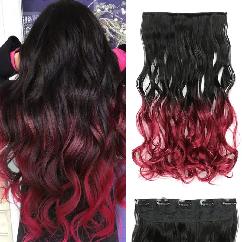 24 Inch Ombre Dip Dye Long Curly Clip in Hair Extensions Two Tone Thick Full Head Synthetic Hairpieces (Black to Dark Red) — image 1