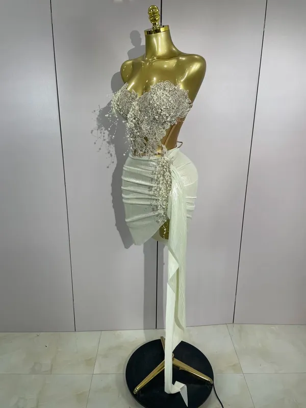Luxury Shining Pearls Sexy Asymmetrical Skirt 2 PCS Set 2025 Women Evening Birthday Party Stage Dancer Performance Costume — image 2