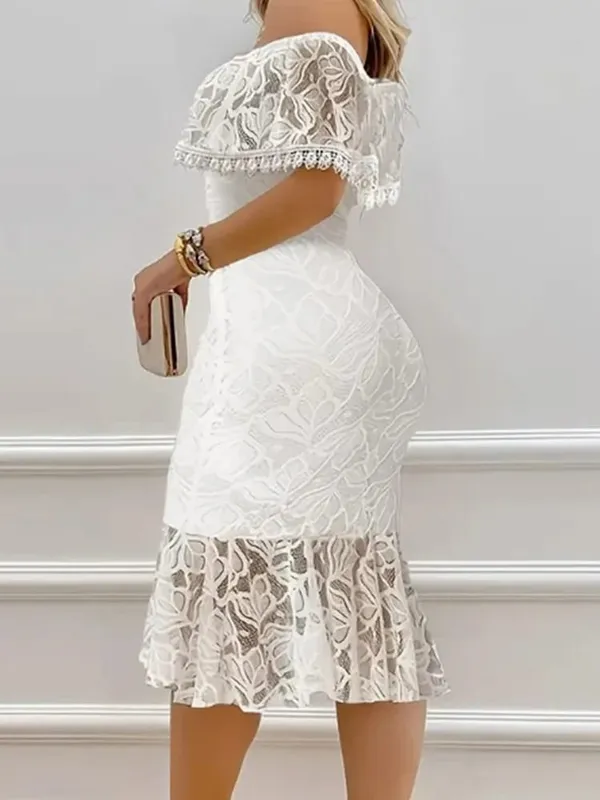 Women's White Off-Shoulder Lace Midi Dress Ruffled Neckline Flared Hem Ideal for Evening Parties Wedding Receptions — image 5