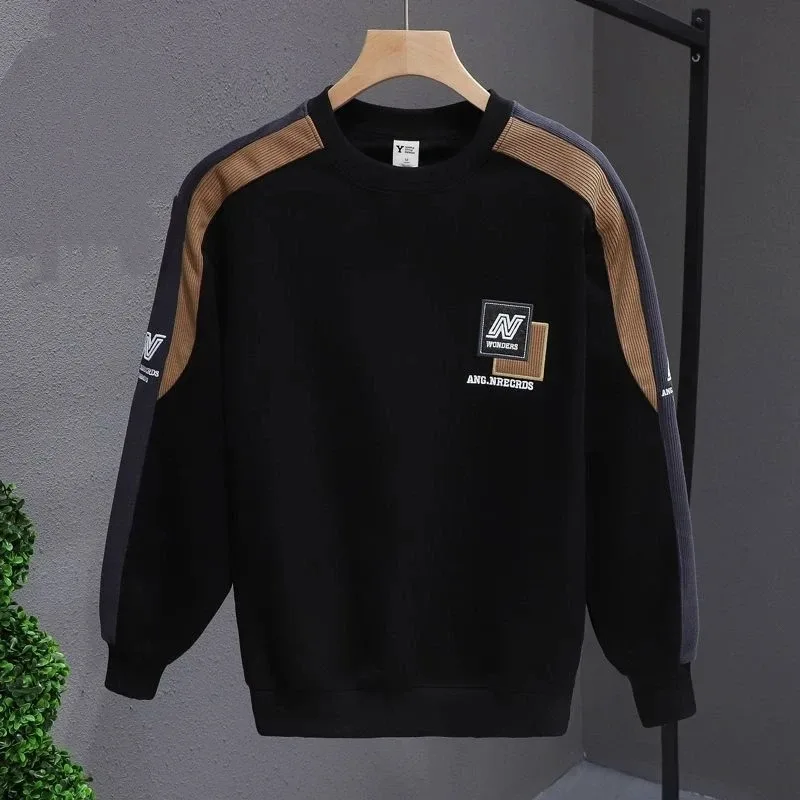 Men Clothes Embroidery Contrast Patchwork Trend Hoodies Sweatshirts Spring Autumn Long Sleeve Loose Vintage Tops Fashion Casual — image 4