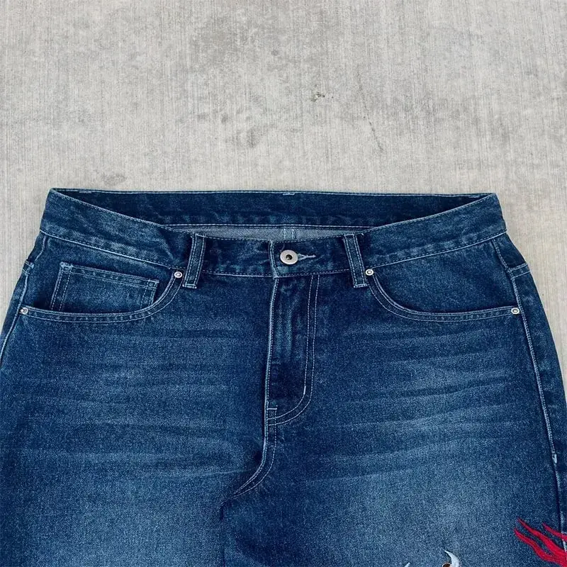 Dragon Graffiti Embroidery Dark Blue Loose Wide Leg Distressed Jeans Y2K High Waist Men Women Vintage Casual Daily Streetwear