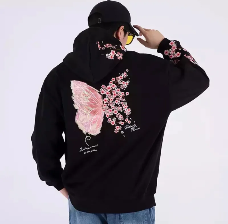 Man Hoodies 100% Cotton Butterfly Embroidery Harajuku Solid Pocket Hooded Sweatshirts Autumn Long Sleeve Loose Chinese Outwear