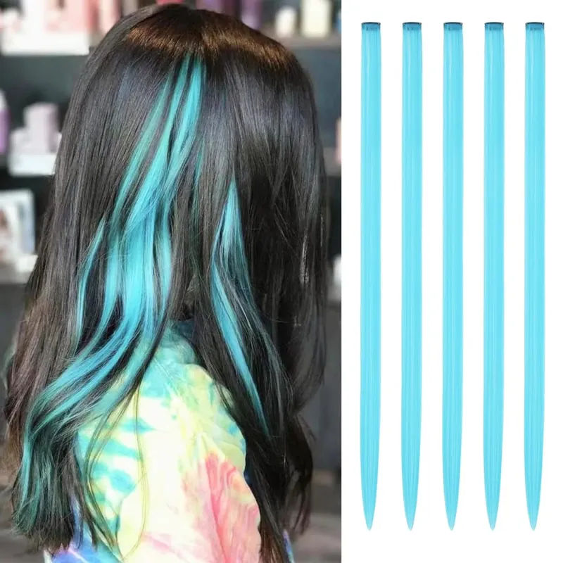 Synthetic 5PCS Colorful Hair Extensions Party Highlights Colorful Clip in Hair Extensions Straight Hairpieces for Women Girls — image 20
