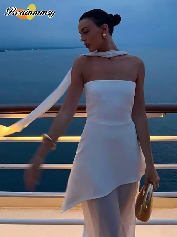 Elegant White Mesh Splicing Slim Women Strapless Dress Chic Scarf Neck Off Shoulder High Waist Long Dresses Lady Party Robes — image 2