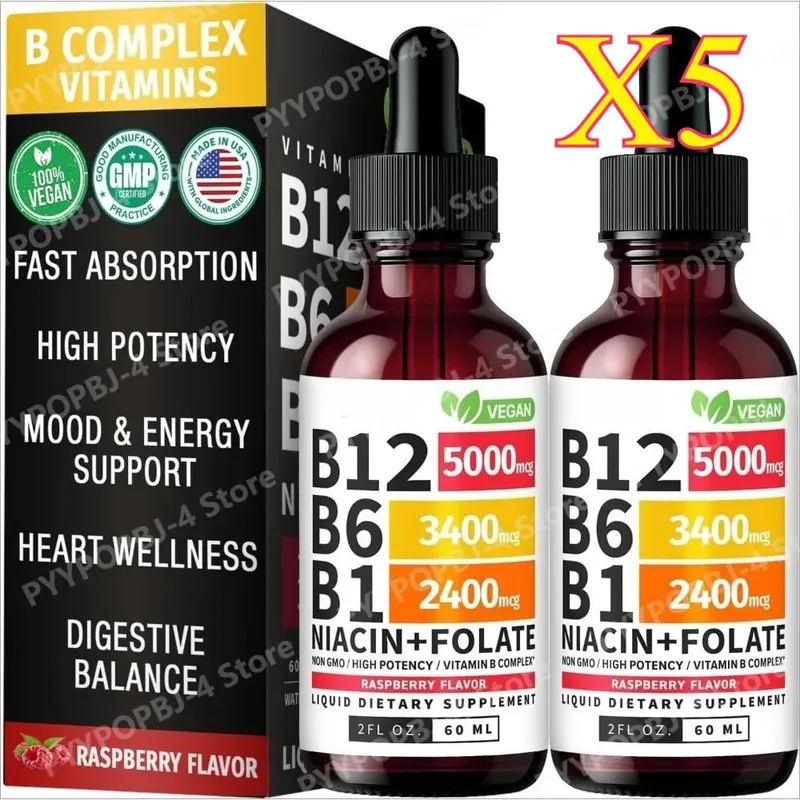Vitamin B12 B6 tekuté kapky 60 ml B komplex s B1 Niacin Folate Malina Veganský denní wellness doplněk 40 porcí Dospělí — image 11