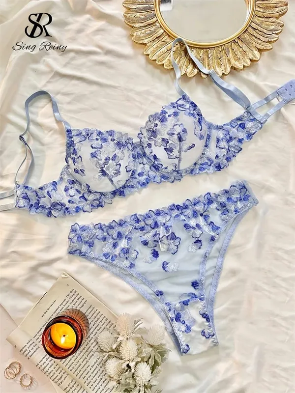 Lưới Sheer Quần Lót Hai Mảnh Phù Hợp Với Hoa Pháp Seusual Bộ Đồ Lót Nữ Thêu Áo Ngực Gợi Cảm & Quần Đùi Bộ — image 4