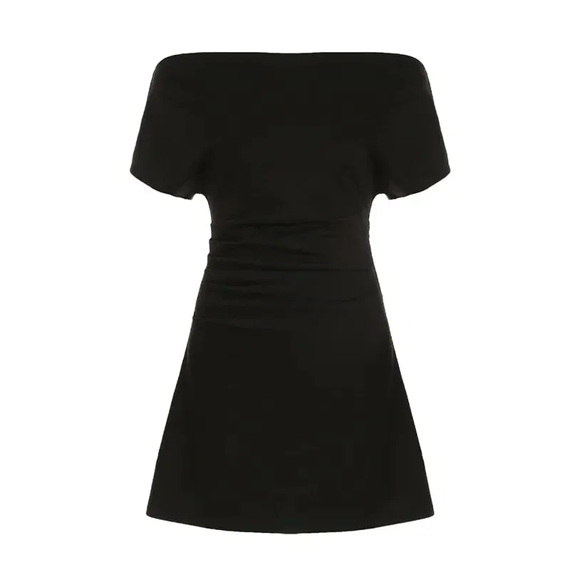 FDEY\n Fashion Chic Solid Skew Collar Slim Fit Women Dresses Mini A-Line Causal Simple Black Short Frocks — image 5