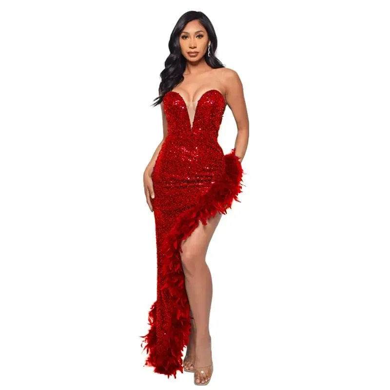 CM.YAYA Women Sequined Strapless Feather High Side Split Strapless Bodycon Midi Maxi Dress Sexy Club Even Party Dresses Vestidos