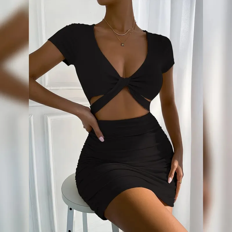 2022 여름 V 넥 중공 크로스 Bodycon 드레스 여성 솔리드 백리스 셔링 섹시한 미니 드레스 Y2k 파티 클럽 우아한 드레스