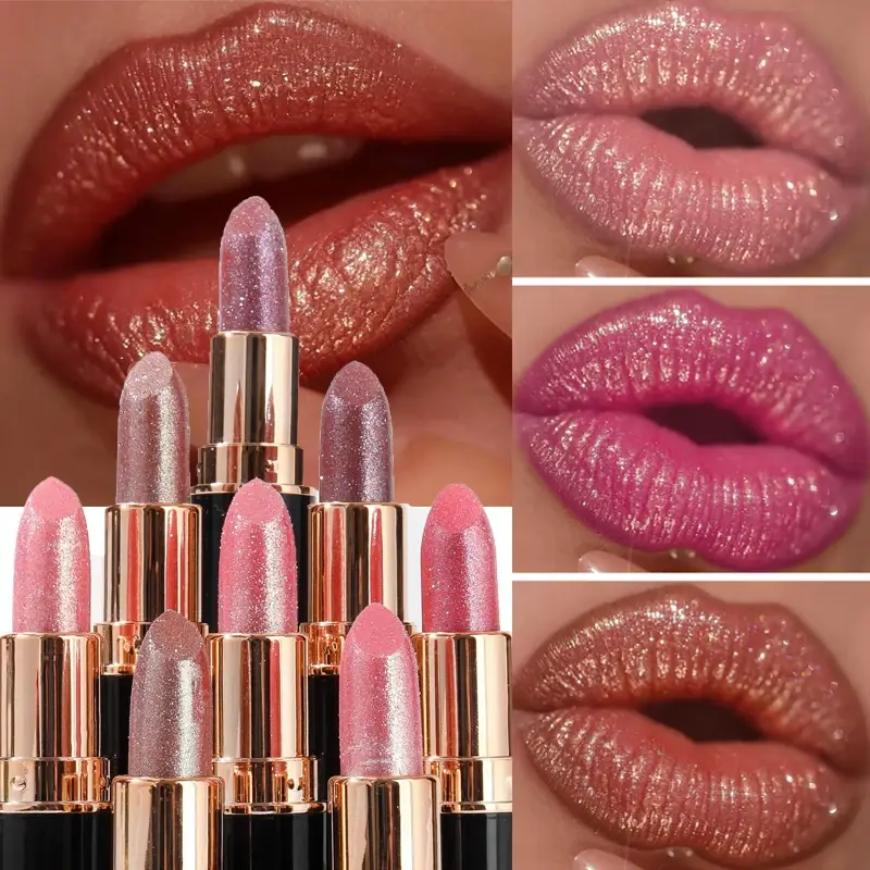 6 Colors Glitter Lipstick Waterproof Lasting Diamond Pearlescent Metallic Lipstick Pink Red Lip Gloss Women Lips Makeup Cosmetic
