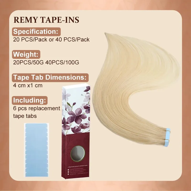 Fita loira em extensões de cabelo humano platina #60 fita de trama de pele reta sem emenda em extensões de cabelo humano real 50g