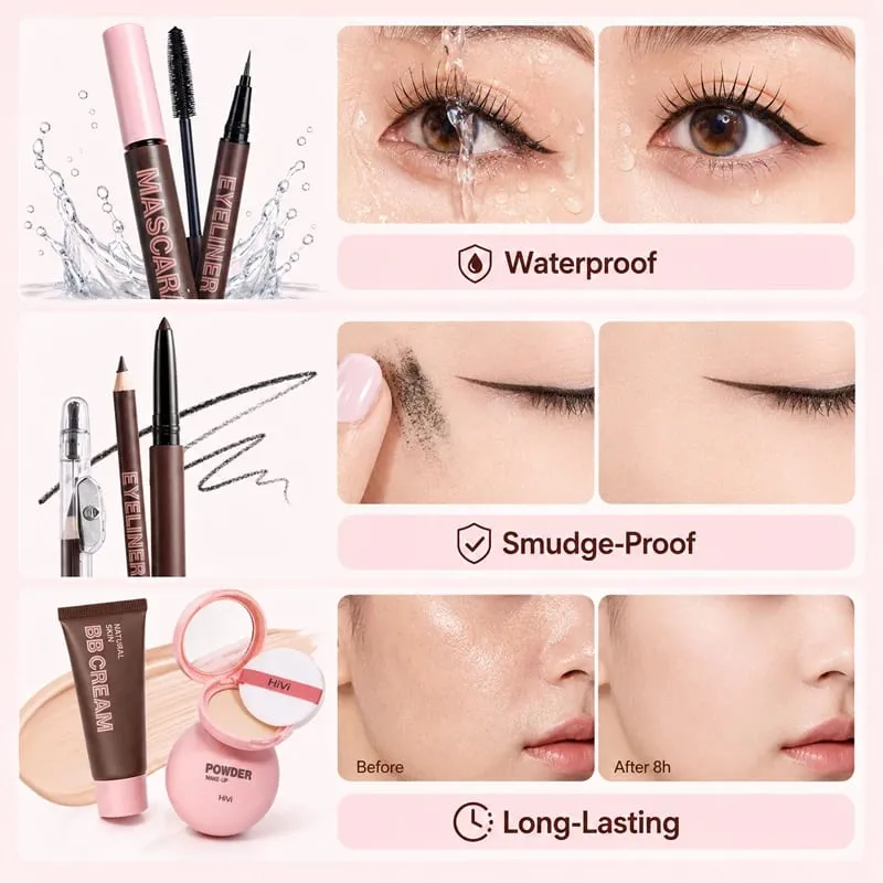 9PCS Makeup Gift Set for Women All-in-One Lipstick Mascara Eyeliner BB Cream Powder Compact Travel Beauty Kit for Beginners — image 5