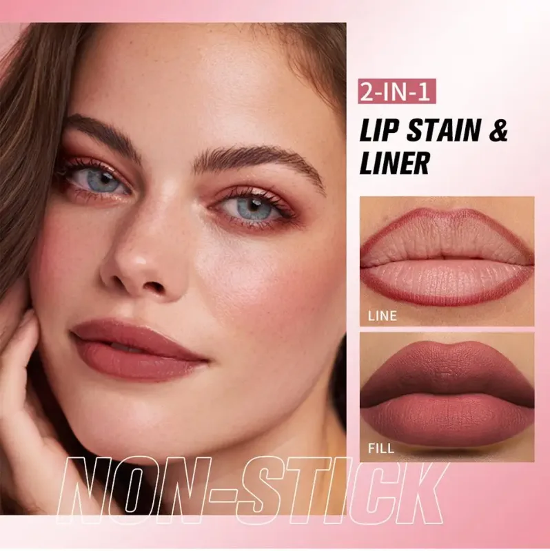 2-in-1 Lip Contour Stain Lip Tint Soft Nude Lip Makeup Smudge-proof Non-stick Cup Moisturizing Lip Stain & Liner Pen Long-wear