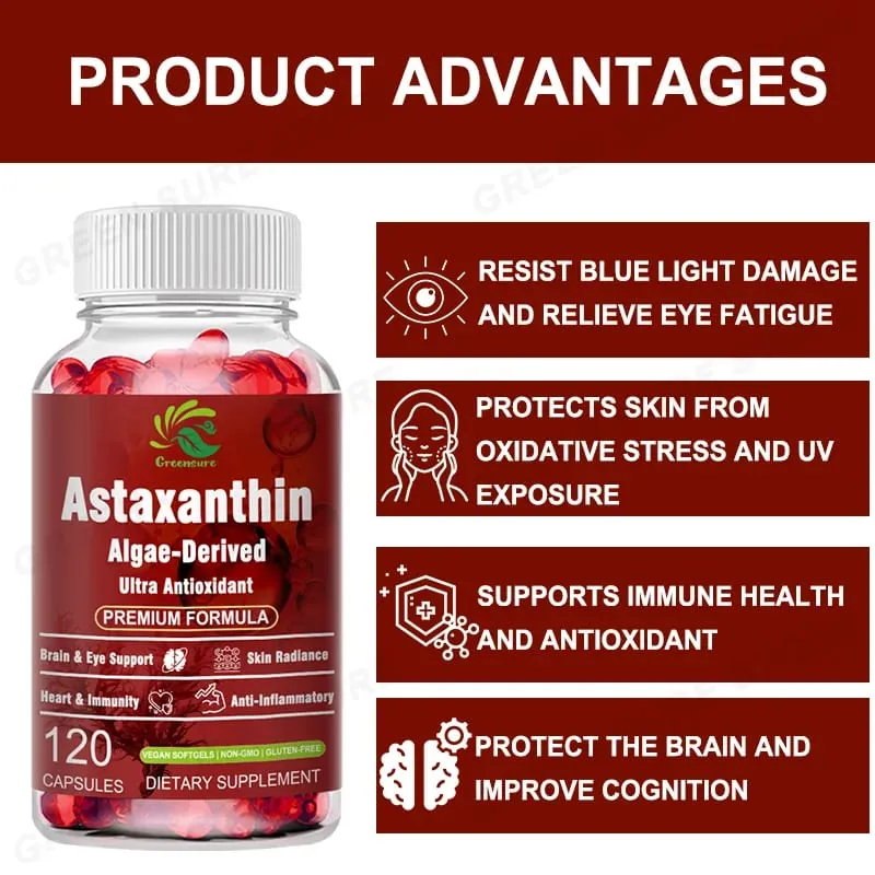 Astaxanthin 12mg Capsules - Protects Brain Cognition and Accelerates Metabolism - Protects Eye Joint and Skin Health