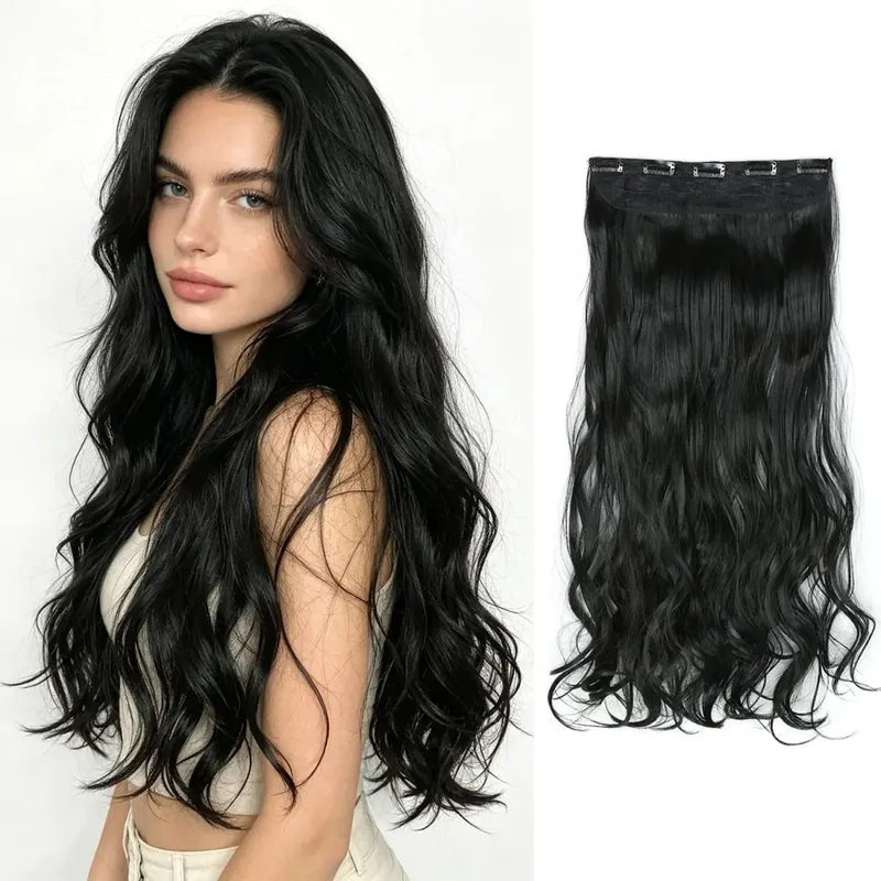 Syntetisk clip in hair extensions 5 clips i ét stykke højtemperatur fiber bølgede hårstykker til kvinder daglig festferie