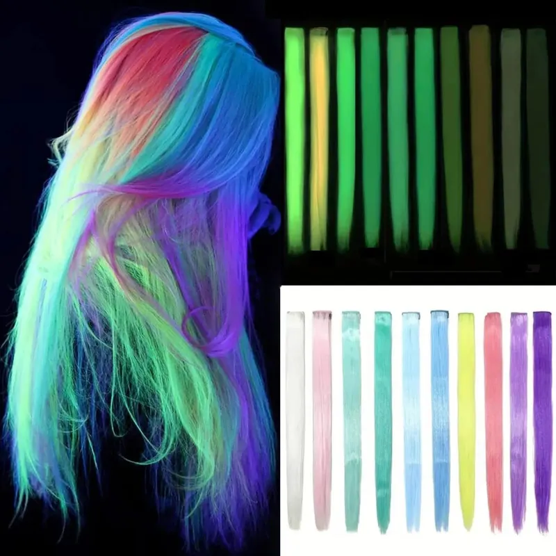 5pc 20 Inch Glow in The Dark Hair Extensions Clip Luminous Colored Hairpieces Party Rainbow Hair Clips Synthetic Straight Wig — image 1