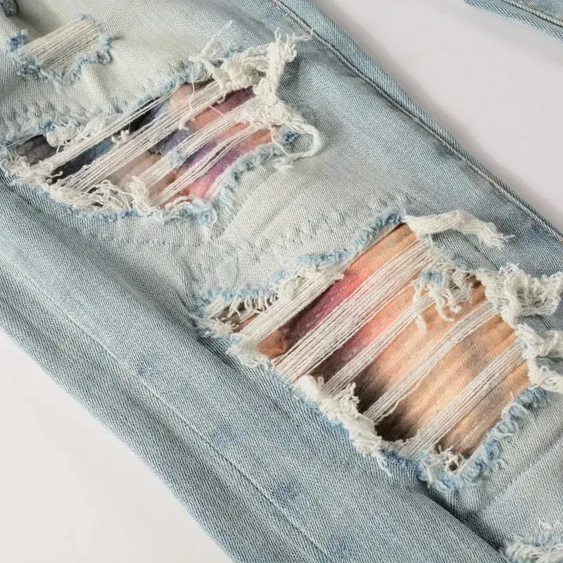Men Cracked Patch Stretch Denim Jeans Holes Ripped Patchwork Pants Streetwear Light Blue Skinny Tapered Trousers — image 4