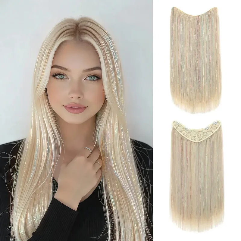 24Inch Synthetic Long Straight Clip‑in Hair Extensions Sparkling Tinsel Hair High‑Temp Fiber Hairpiece for Women Party Cosplay