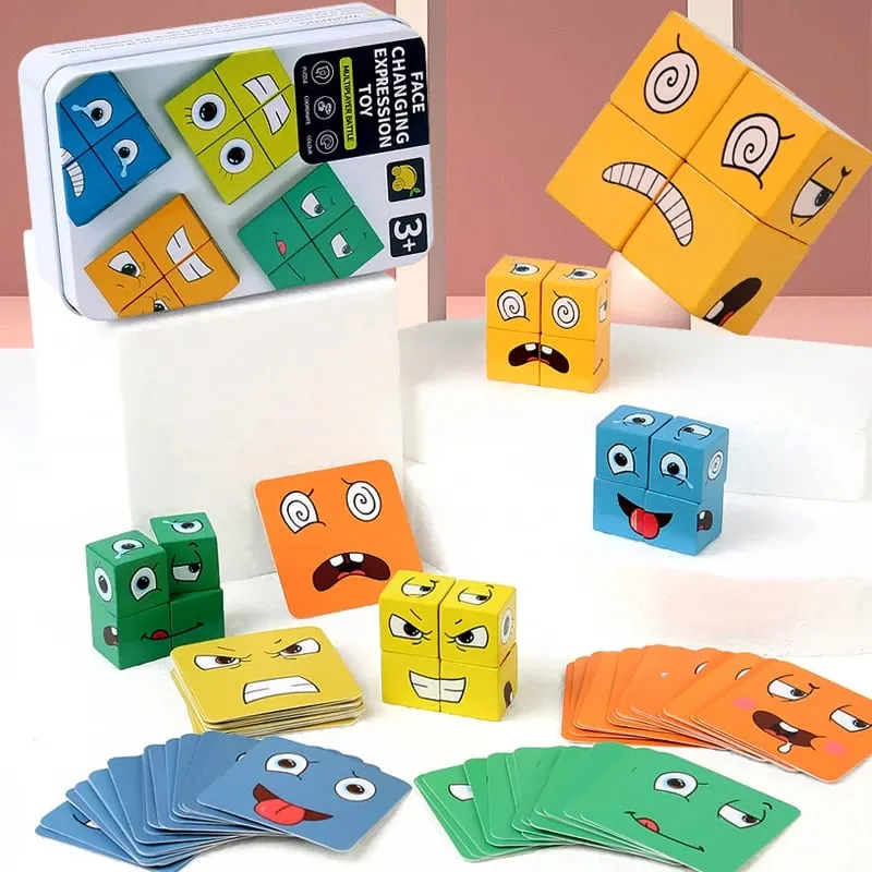 Large Learning Educational Toy Set Cards Emoticon Puzzle Face Change Cubes Wooden Toys Building Blocks Game For Children Kids