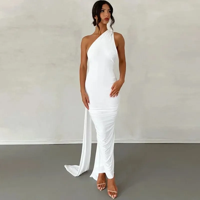 Kvinnor ärmlös maxiklänning med en axel, justerbar halsduk Loop Ruched Backless Bodycon Festival Festoutfit Elegant långklänning — image 8