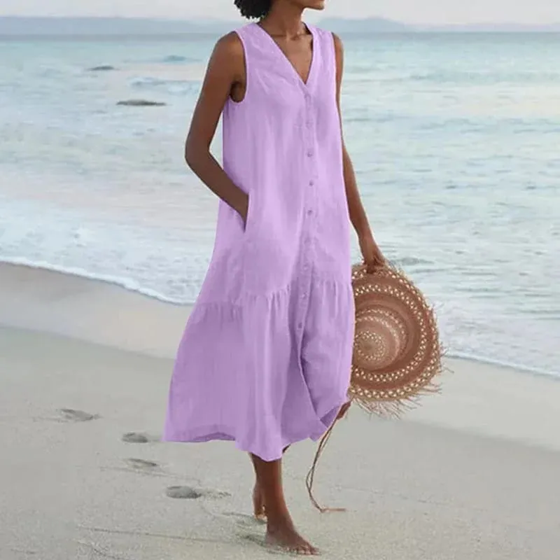 Musim Panas Longgar Kasual Patchwork Cotton Linen Pocktes Gaun V Leher Gaya Pantai Gaun Tanpa Lengan Vintage Club Midi Solid Wanita Pakaian — image 11