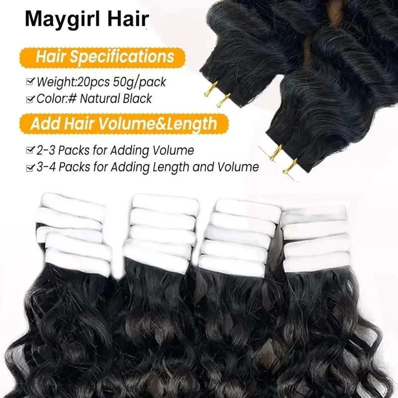 Deep Wave Tape In Extensions 100% Human Hair Deep Curly Tape on Hair Extensions Skin Weft Remy Natural Hair Extensions #1B — image 4