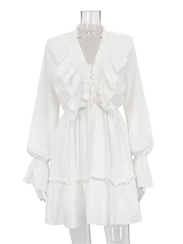 Tossy Ruffled V-Neck White Mini Dress Female Patchwork Long Sleeve Elegant Bandage Fashion Dress High Waist Lace-Up Women Dress — image 7