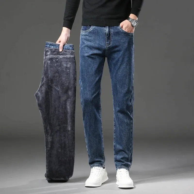 Winter Fleece Thick Warm Jeans Men's Slim Straight Elastic Denim Pants Casual Male Clothing Fashion Plush Trousers — image 2