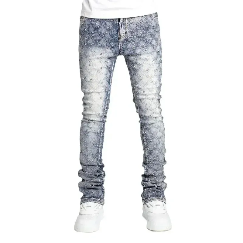 Personality Stacked Jeans for Men Slim Fit Stretchy Pearls Denim Laminated Pants for Men Fashion Straight Man's New Jeans — image 4